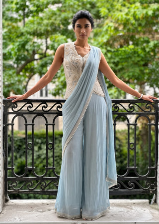 Aveline blue sharara sari with jacket blouse