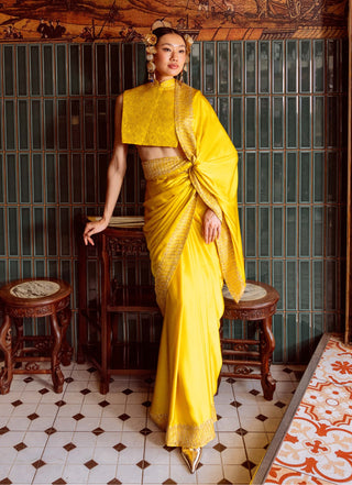 Yellow ochre mashroo silk sari
