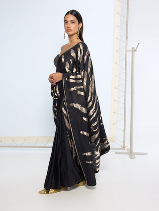 Black and silver pure silk sari