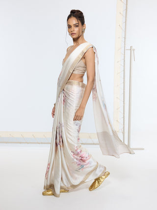 Powder white printed banarasi sari