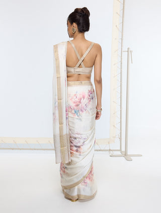 Powder white printed banarasi sari