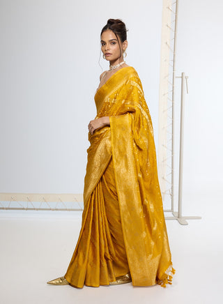 Saffron yellow satin silk banarasi sari