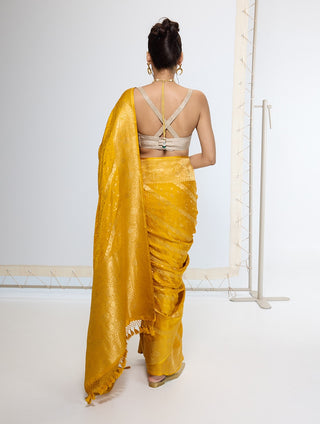 Saffron yellow satin silk banarasi sari