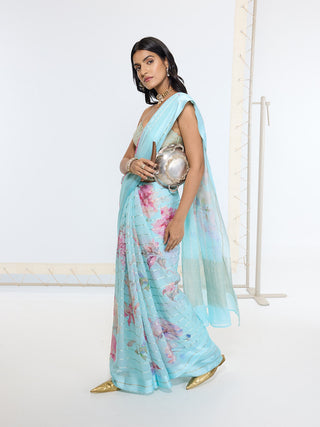 Firozi aqua blue printed sari
