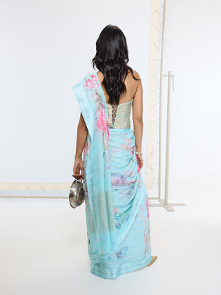 Firozi aqua blue printed sari