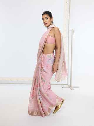 Gazari ballet pink printed sari