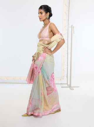 Lemon banana cream printed sari