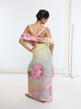 Lemon banana cream printed sari