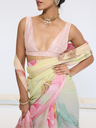 Lemon banana cream printed sari