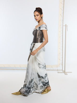 Black and white handwoven printed sari