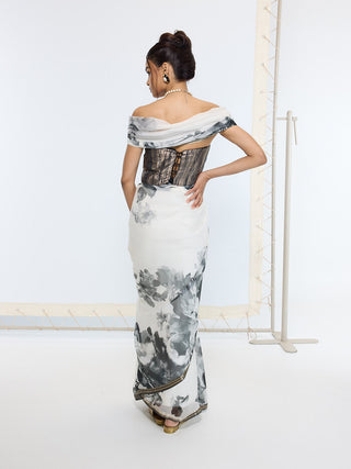 Black and white handwoven printed sari