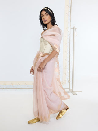Creamy peach organza sari