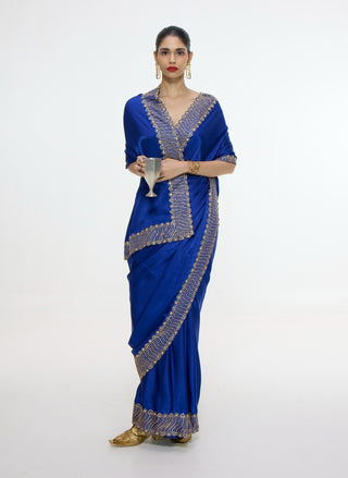 Marine blue mashroo silk sari and unstitched blouse