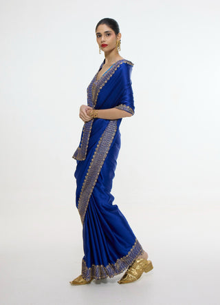 Marine blue mashroo silk sari and unstitched blouse