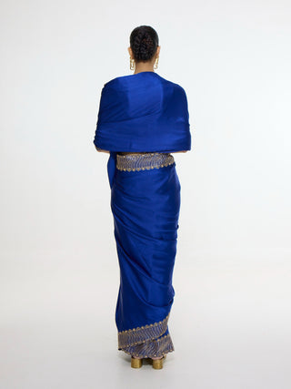 Marine blue mashroo silk sari and unstitched blouse