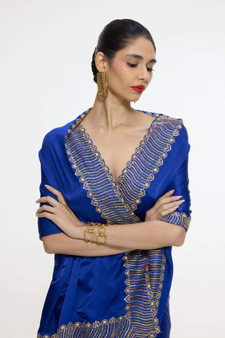 Marine blue mashroo silk sari and unstitched blouse