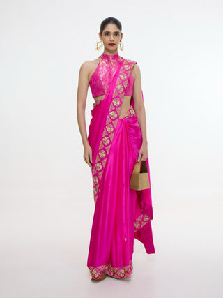 Handwoven pink mashroo silk sari and blouse