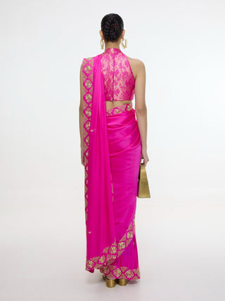 Handwoven pink mashroo silk sari and blouse