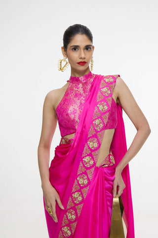 Handwoven pink mashroo silk sari and blouse
