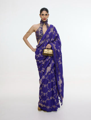 Handwoven indigo blue mashroo silk sari