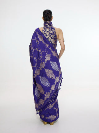 Handwoven indigo blue mashroo silk sari