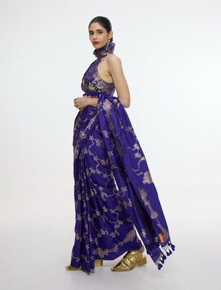 Handwoven indigo blue mashroo silk sari