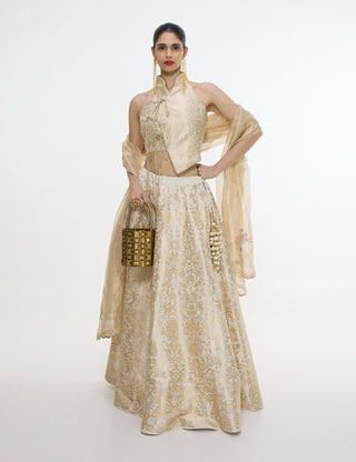 Handwoven ivory-gold silk lehenga set