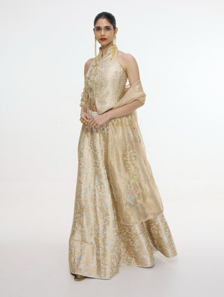 Handwoven ivory-gold silk lehenga set