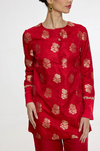 Handwoven red short kurta and pants