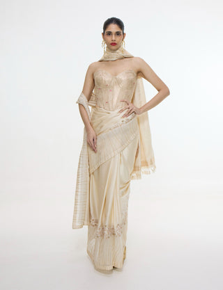 Ecru mashroo silk sari with embroidered border