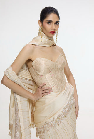 Ecru mashroo silk sari with embroidered border