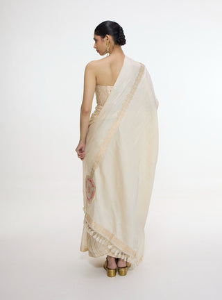 Ecru mashroo silk sari with embroidered border