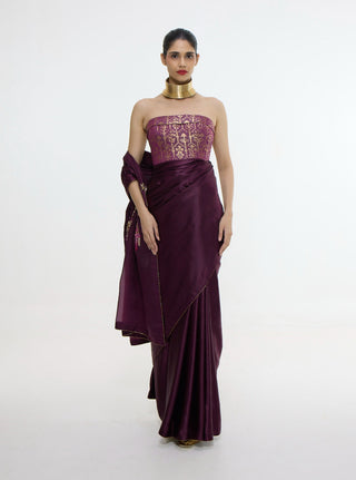 Handwoven maroon sari with embroidered panel