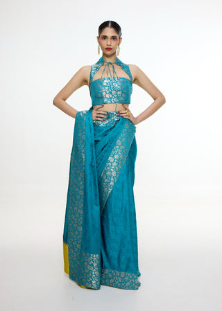 Handwoven coral blue sari and blouse