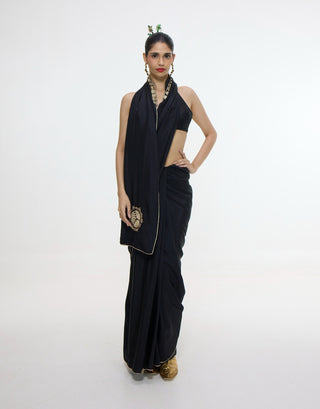 Black mashroo silk sari with gold button detailing