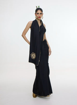 Black mashroo silk sari with gold button detailing