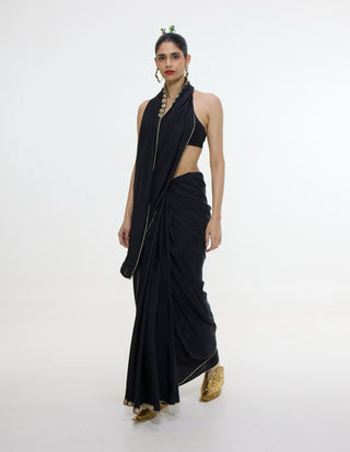 Black mashroo silk sari with gold button detailing
