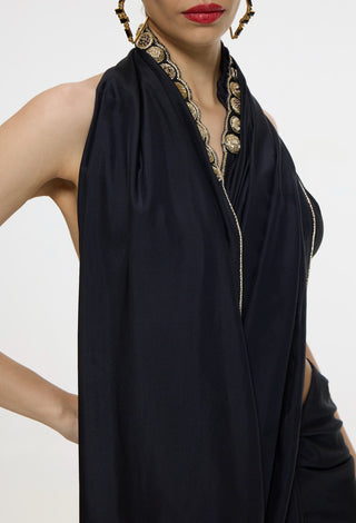 Black mashroo silk sari with gold button detailing