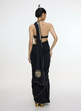Black mashroo silk sari with gold button detailing