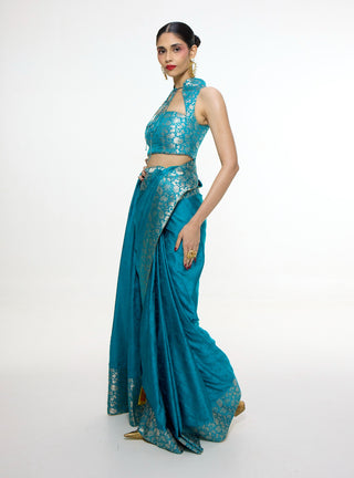 Handwoven coral blue sari and blouse