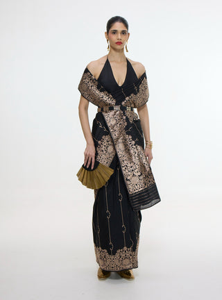 Handwoven black mashroo silk sari and unstitched blouse