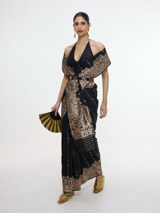 Handwoven black mashroo silk sari and unstitched blouse