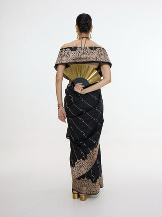 Handwoven black mashroo silk sari and unstitched blouse