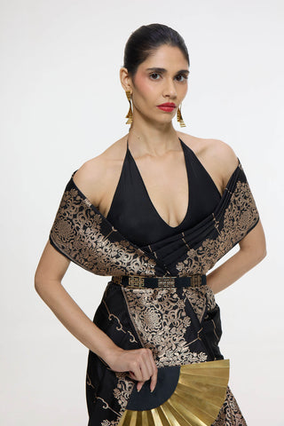 Handwoven black mashroo silk sari and unstitched blouse