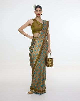 Handwoven olive green sari and unstitched blouse