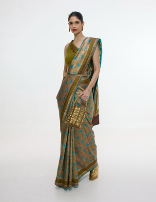 Handwoven olive green sari and unstitched blouse