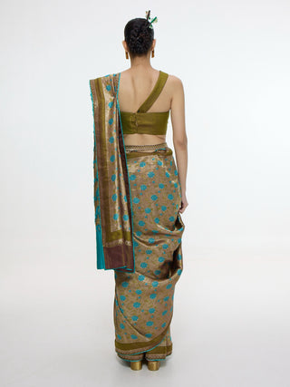Handwoven olive green sari and unstitched blouse