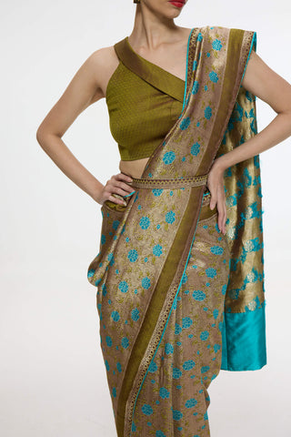 Handwoven olive green sari and unstitched blouse