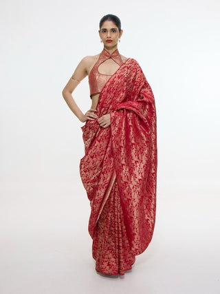 Handwoven crimson red silk tissue sari and unstitched blouse