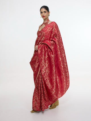 Handwoven crimson red silk tissue sari and unstitched blouse
